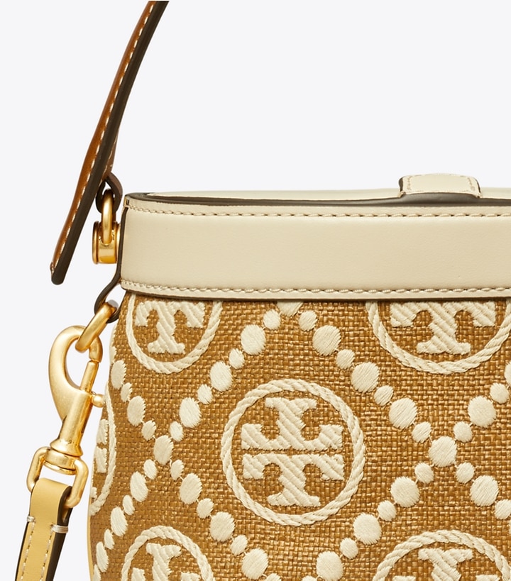 Aged Camello Mix Tory Burch T Monogram Embroidered Raffia Canteen Women's Crossbody Bags | GB0532MBK