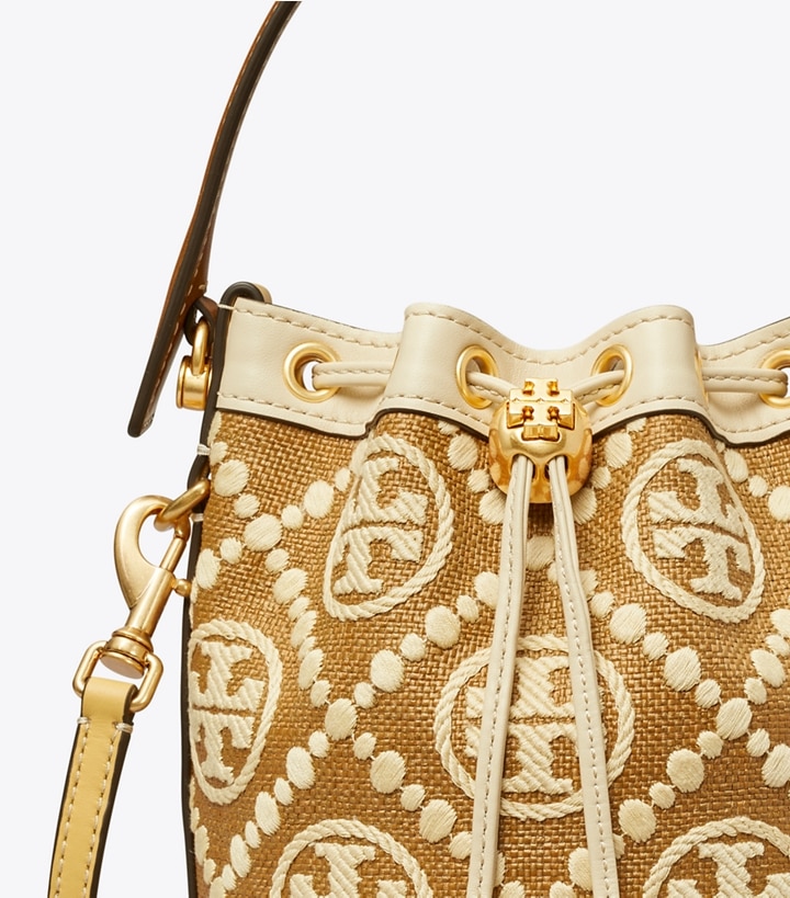 Aged Camello Mix Tory Burch T Monogram Embroidered Raffia Mini Women's Bucket Bags | GB7938WKB