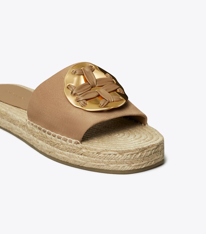 Almond Flour Tory Burch Woven Double T Espadrille Women's Slide | GB6135CKP