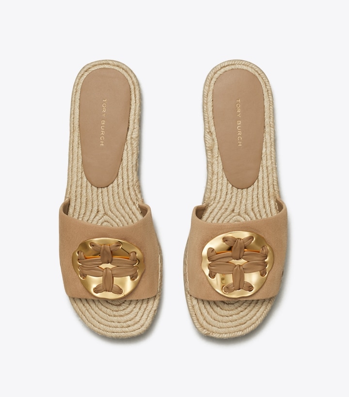 Almond Flour Tory Burch Woven Double T Espadrille Women's Slide | GB6135CKP