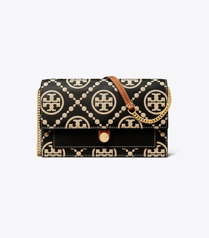 Black New Cream Tory Burch T Monogram Contrast Embossed Chain Wallet Women's Mini Bags | GB4796GIZ