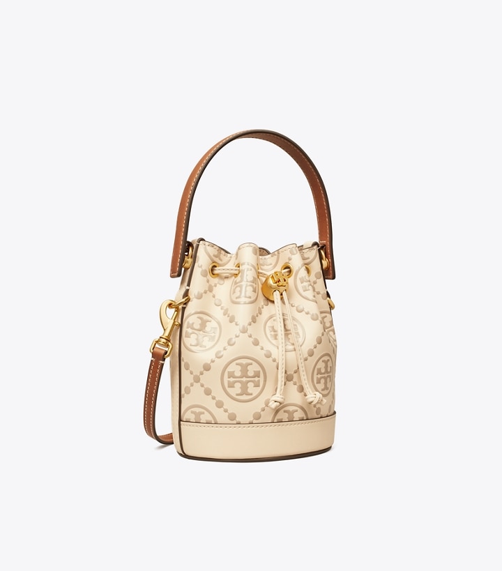 Gold Tory Burch T Monogram Embossed Mini Women\'s Bucket Bags | GB4931JFR