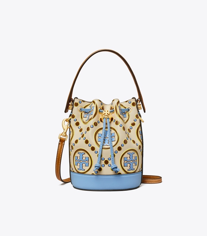 New Ivory Dauphin Blue Tory Burch Mini T Monogram Contrast Embossed Women's Bucket Bags | GB6478ZLA