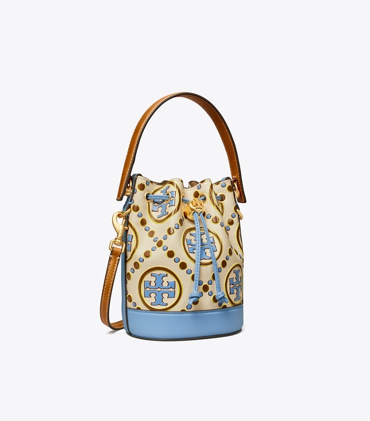 New Ivory Dauphin Blue Tory Burch Mini T Monogram Contrast Embossed Women\'s Bucket Bags | GB6478ZLA