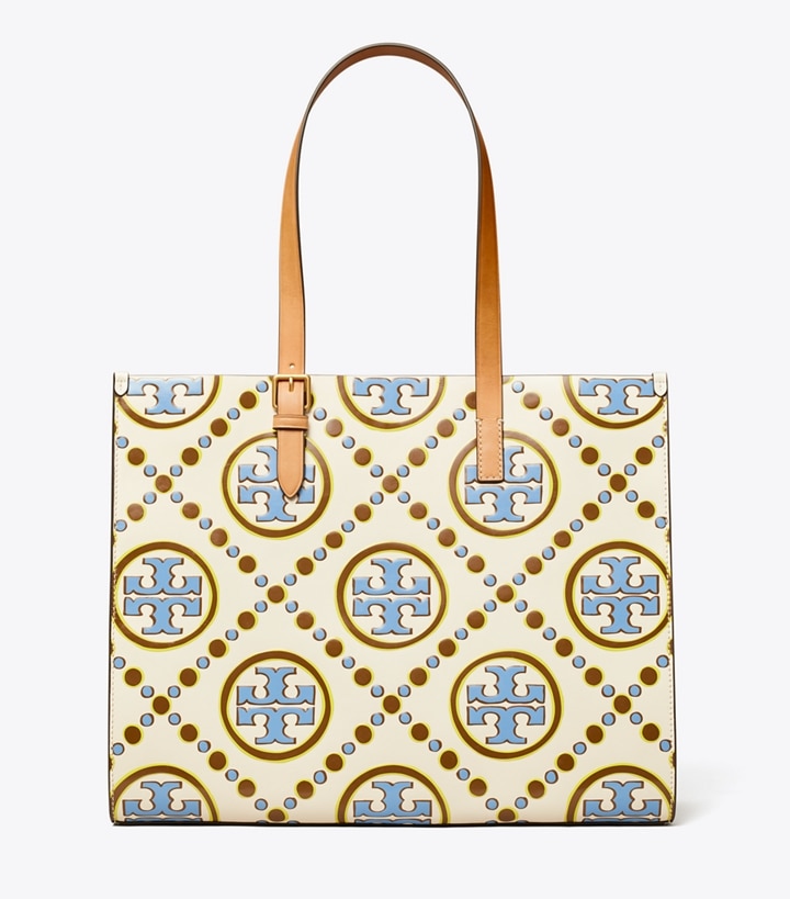 New Ivory Dauphin Blue Tory Burch T Monogram Contrast Embossed Women's Tote Bags | GB1725FKR