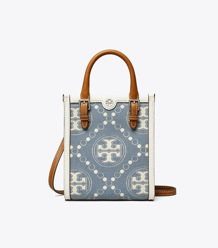 Pearl Blue Tory Burch Mini T Monogram Denim Women's Tote Bags | GB3541EDN