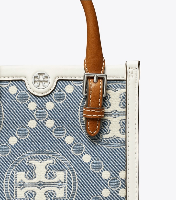 Pearl Blue Tory Burch Mini T Monogram Denim Women's Tote Bags | GB3541EDN