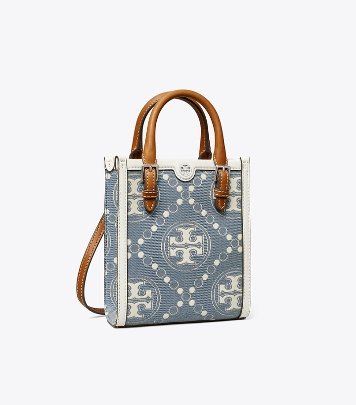 Pearl Blue Tory Burch Mini T Monogram Denim Women\'s Tote Bags | GB3541EDN