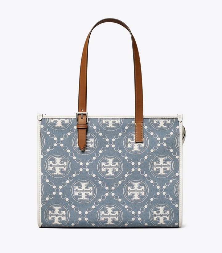 Pearl Blue Tory Burch Small T Monogram Denim Women's Tote Bags | GB3491XMG