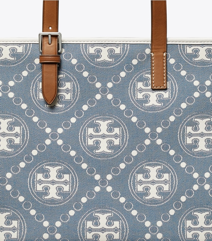 Pearl Blue Tory Burch Small T Monogram Denim Women's Tote Bags | GB3491XMG