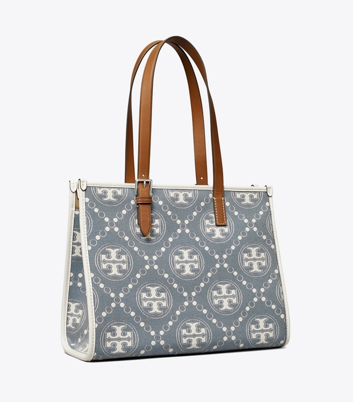 Pearl Blue Tory Burch Small T Monogram Denim Women\'s Tote Bags | GB3491XMG