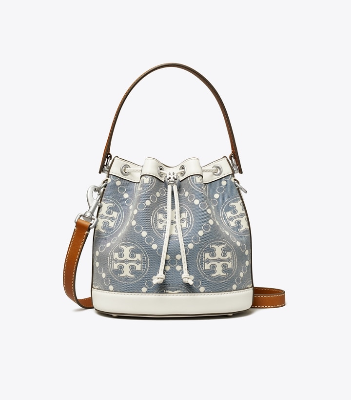 Pearl Blue Tory Burch T Monogram Denim Women's Bucket Bags | GB7410GUT