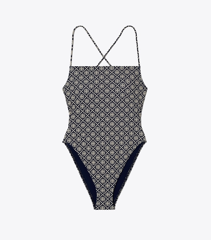 T Monogram Tory Navy / Sesame Tory Burch Printed Tie-back One-piece Women\'s Swimsuit | GB5216MSR