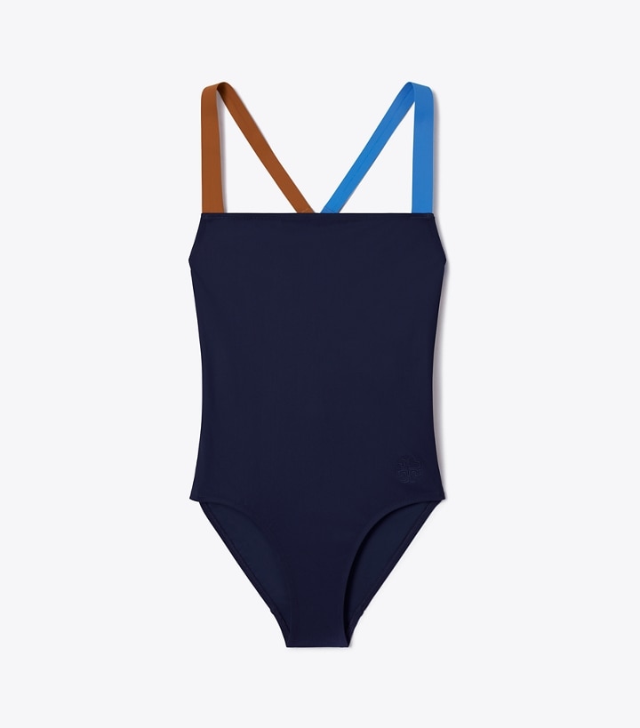 Tory Navy/Bright Horizon/Dark Fudge Tory Burch Colorblock Tank Women\'s Swimsuit | GB1865PCF