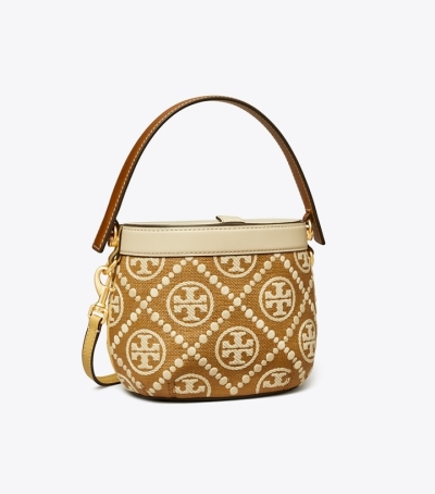 Aged Camello Mix Tory Burch T Monogram Embroidered Raffia Canteen Women's Crossbody Bags | GB0532MBK