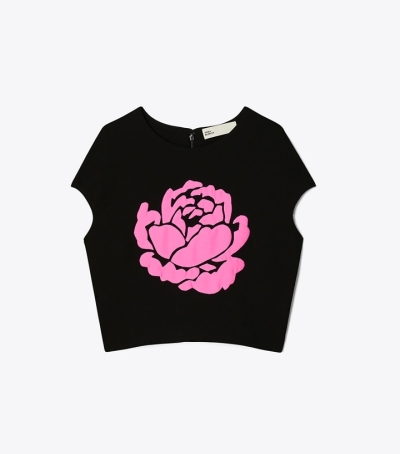 Black Tory Burch Jersey Crepe Rose Women's Tops | GB1486LES