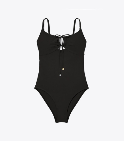 Black Tory Burch Ruched One-piece Women's Coverups | GB2891XGS