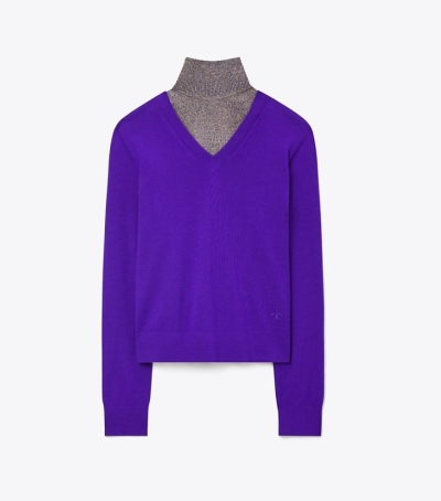 Bright Violet Tory Burch Metallic Knitted Dickie Women's Sweaters | GB0357KFG