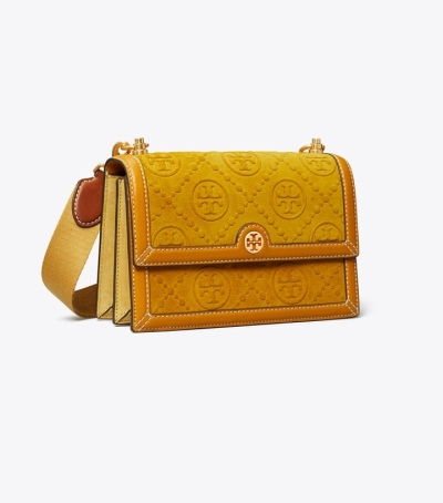 Deep Sunflower Tory Burch Small T Monogram Suede Embossed Women's Shoulder Bags | GB9357FHT