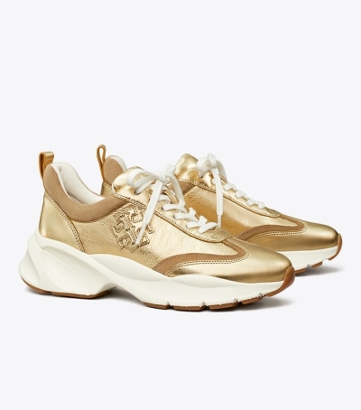 Gold Alce Tory Burch Good Luck Trainer Women's Sneakers | GB2697HNU