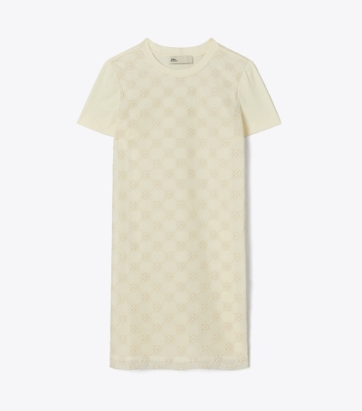 New Ivory Tory Burch Logo Lace T-shirt Women's Dresses | GB1297EZV