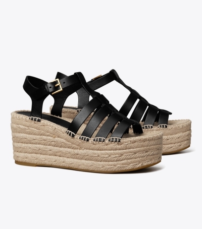 Perfect Black Tory Burch Fisherman Wedge Women's Espadrilles | GB4809TBX