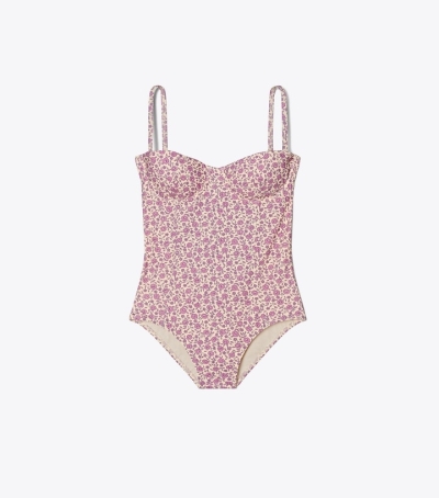 Pink Tonal Ditsy Tory Burch Woven Underwire One-piece Women's Swimsuit | GB5468JRY