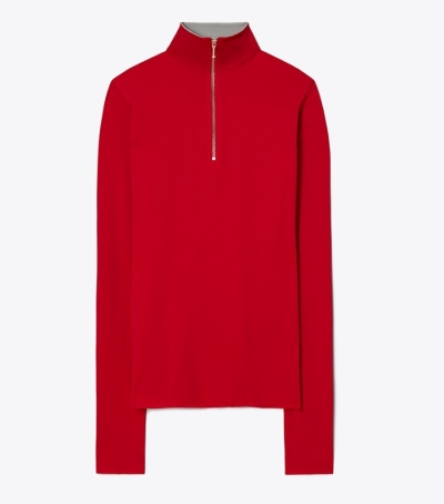 Rich Red Tory Burch Zip Front Long-sleeve Jersey Women's Tops | GB3107GFY