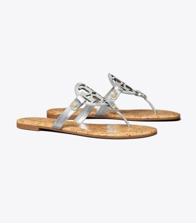 Silver Natural Tory Burch Miller Sandal, Leather Women's Sandals | GB3857CQL