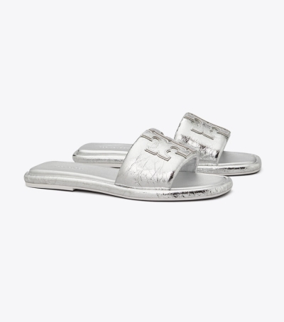 Silver Tory Burch Double T Sport Women's Slide | GB9720QUM