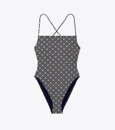 T Monogram Tory Navy / Sesame Tory Burch Printed Tie-back One-piece Women's Swimsuit | GB5216MSR