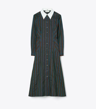 Teal/Rust Tory Burch Striped Lightweight Canvas Shirt Women's Dresses | GB5207OAV