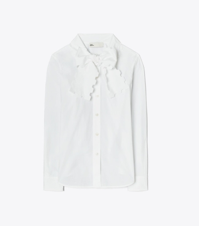 White Tory Burch Scalloped Poplin Bow Women's Blouse | GB1357IUW